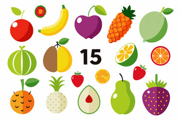 Fifteen different kinds of fruits vector illustration A collection of colorful fruits including apple banana cherry pineapple orange strawberry pear avocado and others on white