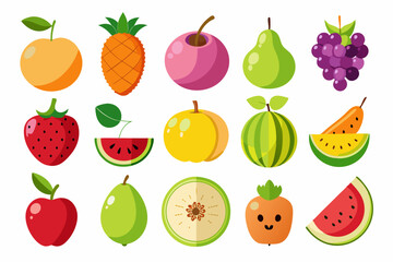 Collection of Colorful Cartoon Fruit Illustrations Including Apple Pineapple Strawberry Watermelon Peach Pear Grapes and Others Isolated on a White Background Vector Set