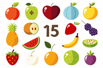 Fifteen Different Kinds of Fruit Illustration Including Apples Pineapple Watermelon Orange Banana Strawberry Kiwi Plum and Grapes in a Flat Design Style on a White