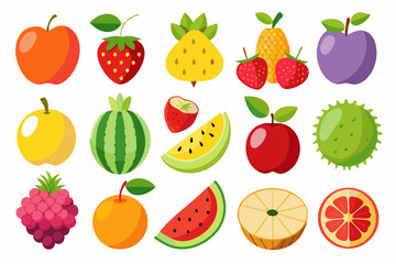 Colorful Cartoon Fruit Set Isolated on White Background featuring apples strawberries watermelon pineapple plum raspberry orange and others ideal for children s illustrations and healthy