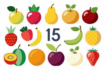 Colorful Cartoon Fruit Collection with Number Fifteen Featuring Apples Bananas Strawberries and More Perfect for Educational Materials Nutrition Guides and Children s Illustrations on a