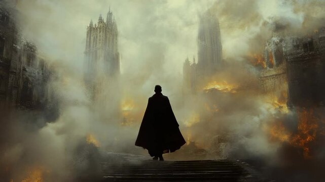 A man standing on the steps in front of a fire