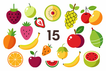 Fifteen Fruits Illustration Featuring Strawberries Apples Bananas Watermelon Kiwi Grapes Orange Pineapple and Other Fruits Perfect for Educational Materials and Healthy Eating Campaigns