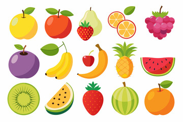Collection of various cartoon style fruits including apples bananas oranges watermelon pineapple kiwi grapes strawberries pear plum cherry and other delicious fruits