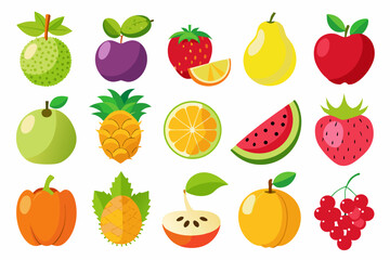 Colorful Cartoon Fruit Collection Illustration Featuring Guava Plum Strawberry Pear Apple Pineapple Orange Watermelon Apricot and Grapes on a White Background for Design Elements