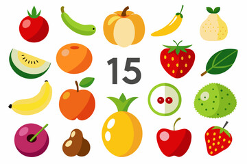 Fifteen Different Kinds of Fruits and Vegetables in Cartoon Style Including Banana Apple Pineapple Strawberry Tomato Orange Pear Melon Plum Pepper and Pumpkin on White