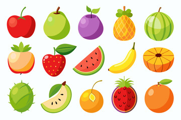 Colorful Cartoon Fruit Collection Apple Pear Plum Pineapple Watermelon Peach Strawberry Banana Orange Lychee Guava Apricot and Rambutan Vector Illustration
