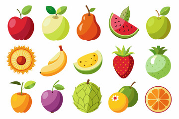 Collection of Colorful Cartoon Style Fruits Vector Illustration Including Apples Watermelon Pineapple Banana Pear Orange Dragon Fruit Plum and Other Tropical and Common Fruits