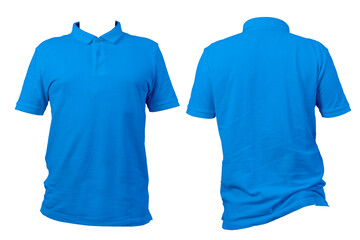 Blue polo shirt front and back view isolated on white background, blank short sleeve collar t-shirt...