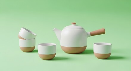 Ceramic Teapot and Teacup on Green Backdrop