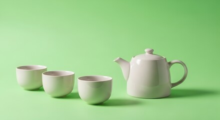 Teapot and Cups on Green Background