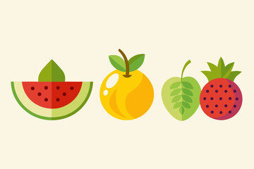 Colorful Flat Design Fruit Illustration Featuring Watermelon Orange Apple and Strawberry on a Light Background Perfect for Summer Healthy Eating or Children s Designs