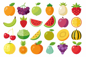 Collection of colorful cartoon fruit icons including apples grapes watermelon pineapple kiwi orange banana strawberry pear melon and more on a white background