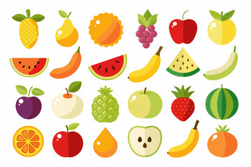 Colorful Assortment of Cartoon Fruits Vector Illustration Featuring Pineapple Pear Orange Grapes Apple Watermelon Banana Plum Lychee Strawberry and More Isolated on White Background