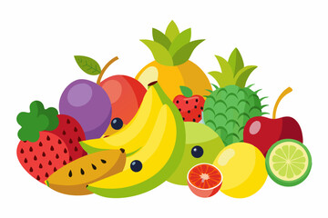 Colorful Cartoon Fruit Still Life Illustration Featuring Pineapple Bananas Strawberries Plums Oranges Cherries Limes and Other Tropical and Temperate Fruits on a White Background