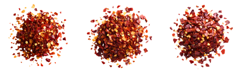 Collection of close-up macro shots of crushed red pepper flakes with seeds and skin pieces isolated on a white or transparent background