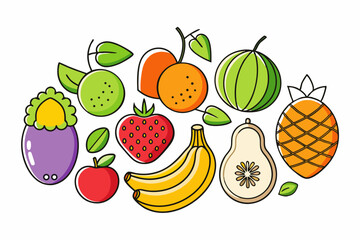 Colorful Cartoon Fruit Illustration Featuring a Variety of Fresh and Delicious Fruits Perfect for Healthy Eating Nutrition and Food Related Designs on a White Background