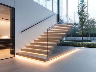 A compact booster glowing under a modern staircase