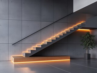 A compact booster glowing under a modern staircase