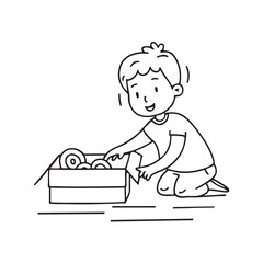 A child opening a toy box on the living room carpet