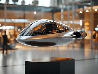 A futuristic booster floating slightly above a pedestal in a tech museum