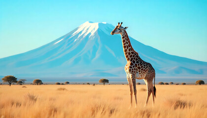 Fototapeta premium Giraffe in African Savanna with Mountain