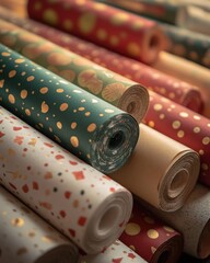 Assorted Red and Green Patterned Wrapping Paper Rolls