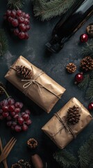 Gifts with Berries and Twigs on Dark Background