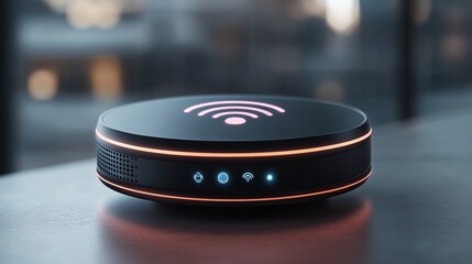 A futuristic WiFi booster with a levitating antenna glowing softly