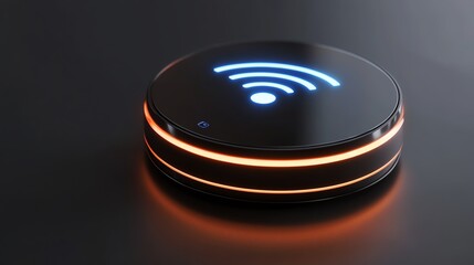 A futuristic WiFi booster with a levitating antenna glowing softly