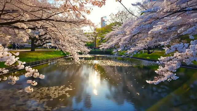 Serene cherry blossom view reflecting in tranquil pond with sunlight filtering through trees