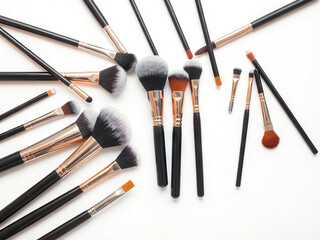 Collection of makeup brushes with black handles and soft bristles arranged on white background
