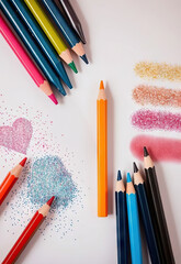 Colorful pencils and glitter on white background, with creative strokes and heart shape adding playful and artistic vibe