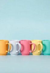 Colorful ceramic mugs arranged in row on pastel blue background, creating cheerful and minimalistic aesthetic