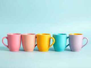 Colorful ceramic mugs pastel shades arranged row light blue background, creating cheerful and minimalistic composition