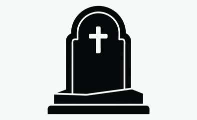 Gravestone silhouette icon, black and white cross, simple memorial symbol, minimal flat vector