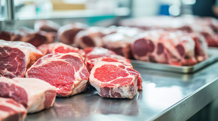 Fresh raw beef cuts on stainless steel table in industrial meat processing facility. Butchery, food production, meat industry and culinary ingredients concept.