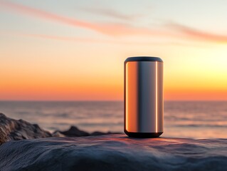 A portable booster glowing softly on a cliffside during a sunset