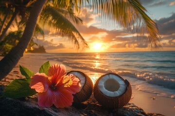 Tropical sunrise over the beach with coconuts and hibiscus.
