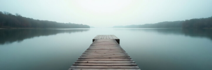 Obraz premium A wooden pier extending into a calm, misty lake surrounded by trees