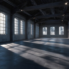 Fototapeta premium Sunlight streams into a vast, empty warehouse
