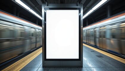 Empty White Vertical advertising display billboard in modern MRT station, Blank mockup for ads, marketing campaign. Empty digital white screen for advertisement. Indoor OOH template/Banner, 8k