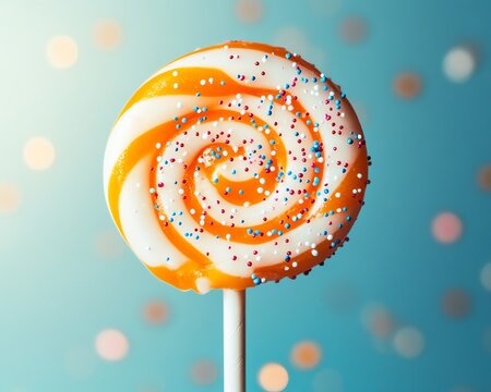 Floating Orange and White Swirled Lollipop with Glitter and Sprinkles on Blue Background