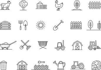 Agriculture and farming outline icons set including plants, tractors, tools, and farm elements