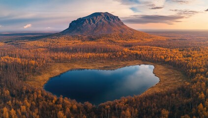 Fototapeta premium Panoramic autumn view of a mountain, lake, and forest