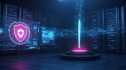 Futuristic holographic data security system visualizing digital protection shields in a server room - Powered by Adobe