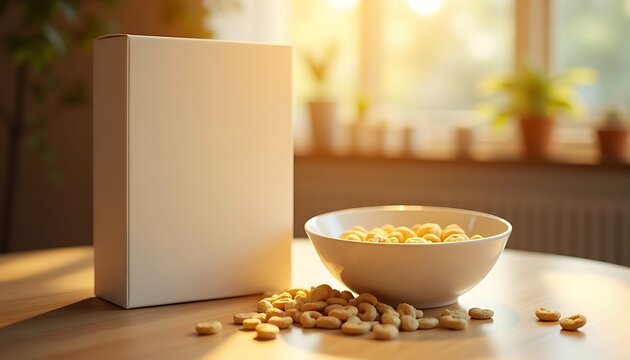 Cereal Box and Bowl on Wooden Table with Natural Light