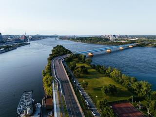 The sunset view of apartment Habitat 67 near to St. Lawrence River, Montreal, Canada. Drone view