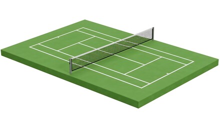 A green tennis court with a net ready for a game
