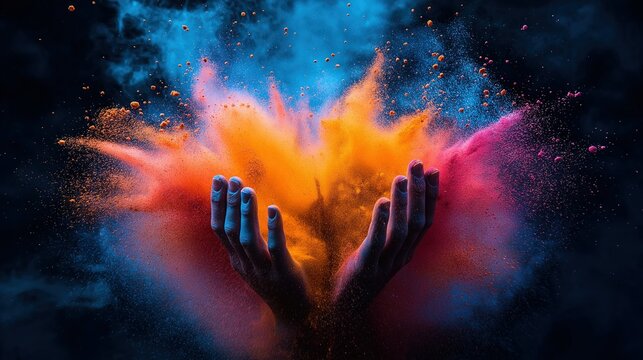 Vibrant explosion of colored powder against a dark backdrop, with hands releasing the powder. Ideal for festival - themed designs, event promotions, or celebratory content
